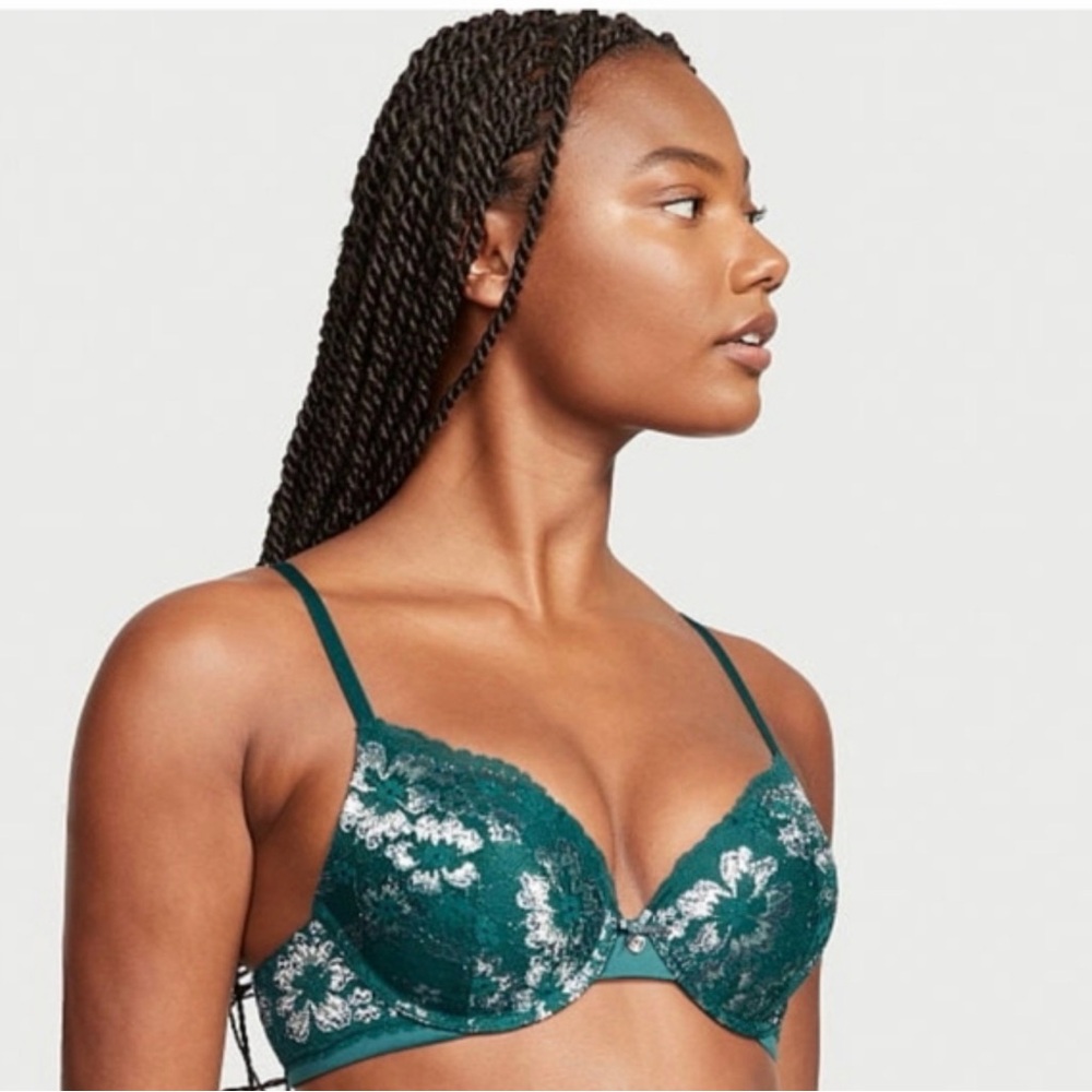Victoria's Secret Teal Lace Push-Up Bra with Silver Floral Accents 34DD